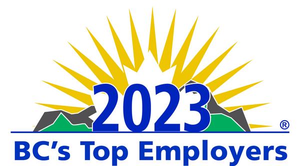 The logo for the BC Top Employer award. It has a sun in the background with mountains in the middle ground and the year 2023 at the front