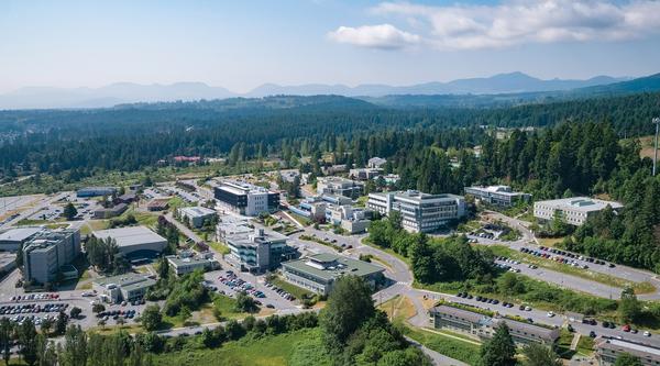 An aerial view of the Nanaimo campus on a sunny day with blue sky.
