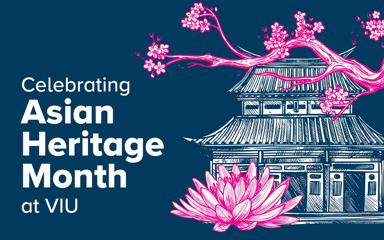 Text reads Celebrating Asian Heritage Month at VIU with image of cherry blossoms and lotus flower