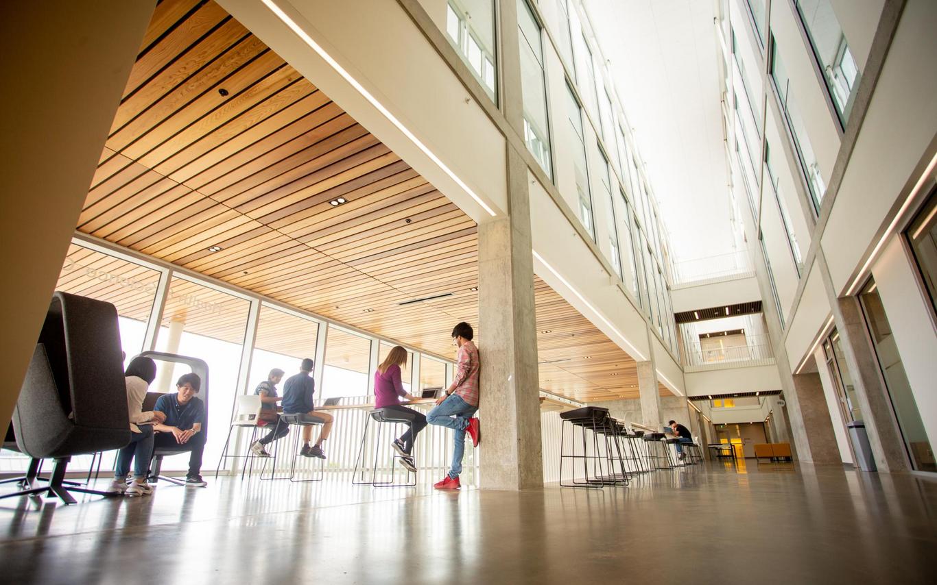 Group of students hang out in the Centre for Health and Science